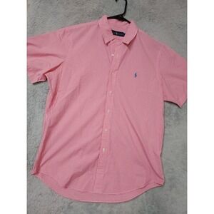Polo Ralph Lauren Shirt Mens Large Pink Gingham Plaid Short Sleeve Oxford Preppy